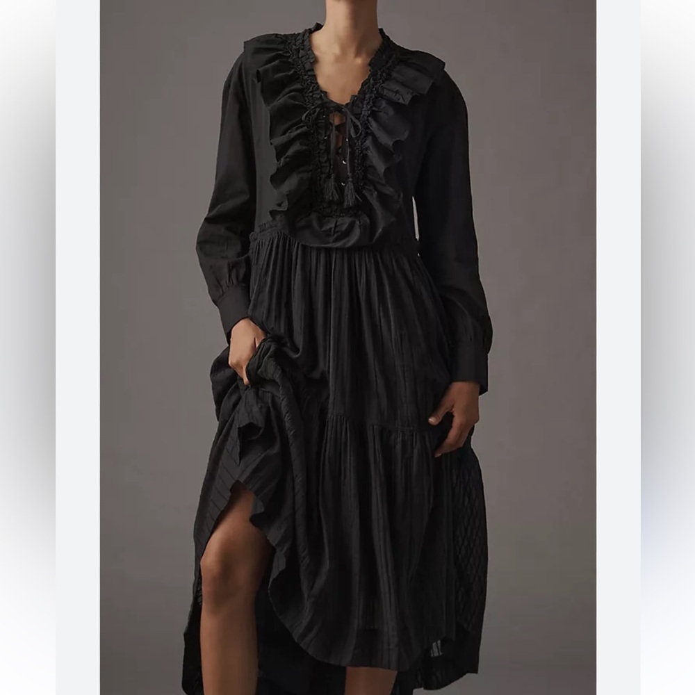Anthropologie Black Ruffled Maxi Dress